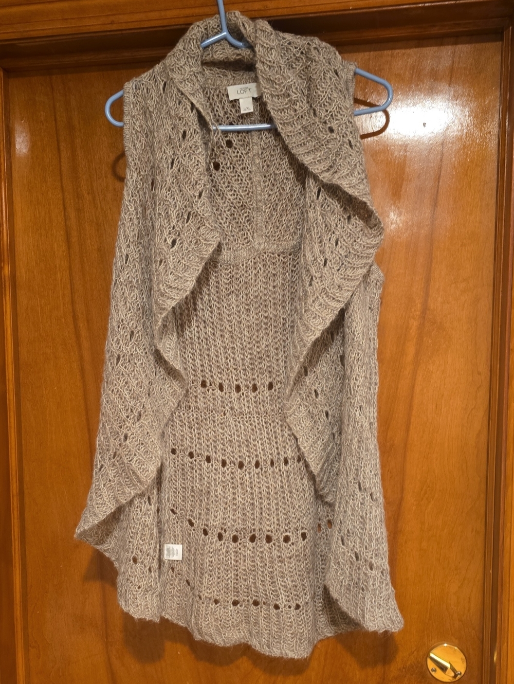 LOFT Taupe Open-Front Knit Sweater Vest with Draped Shawl Collar
